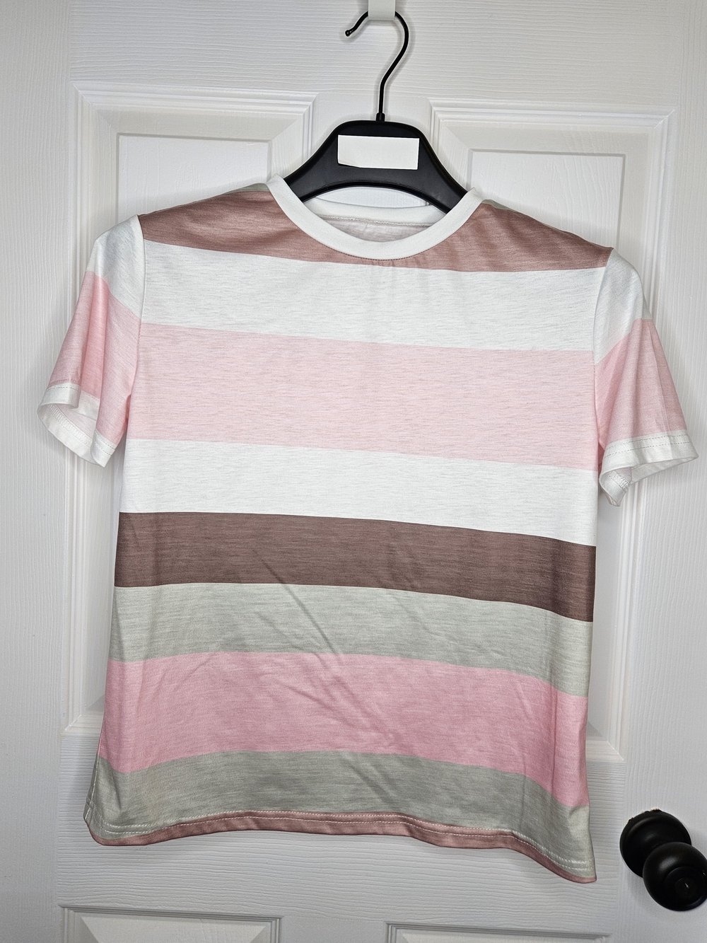 NWOT SHEIN Women's Wide Striped Short Sleeve T-Shirt Pink White Brown Size S